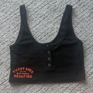 Black Ribbed Scoop Neck Crop Tank with Red 'Sweet Like Hellfire' Graphic